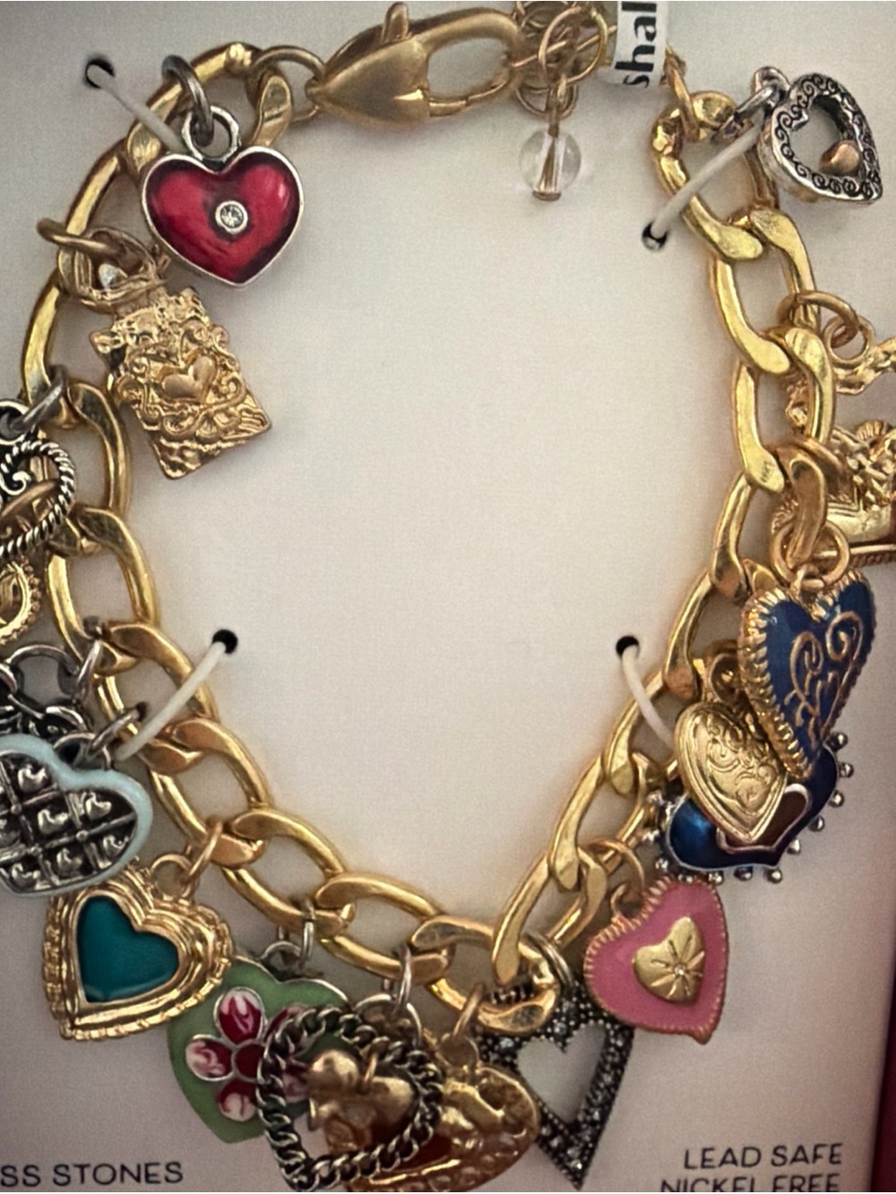 Piper K Heart Charm Bracelet Gold Tone Hand Painted Glass Stones NEW IN BOX - Picture 2 of 5